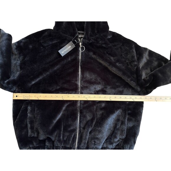 PrettyLittleThing Black Faux Fur Balloon Sleeve Hooded Jacket Women's Size 8 US - Picture 11 of 14